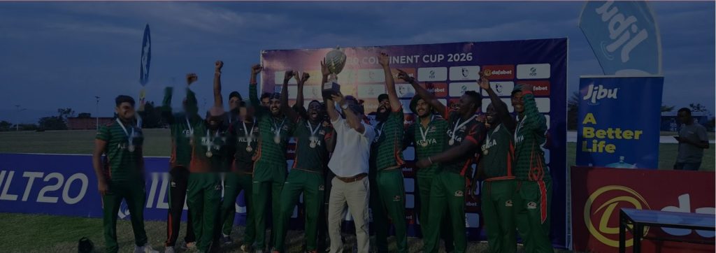 Kenya men’s cricket team celebrating with a trophy