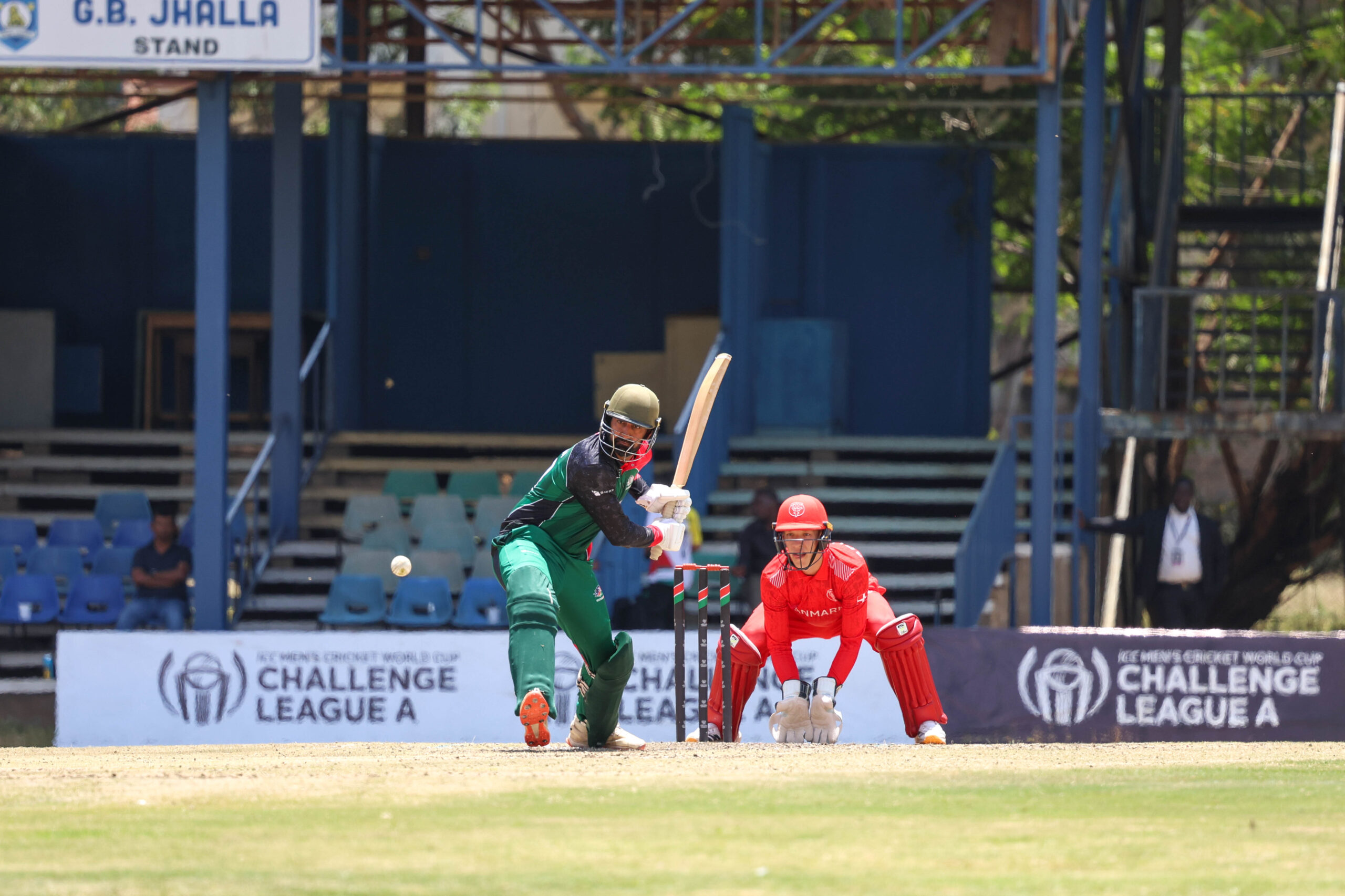 Irfan Karim bats against Denmark in the ICC CWC Challenge League A final round in Nairobi before scoring a century.