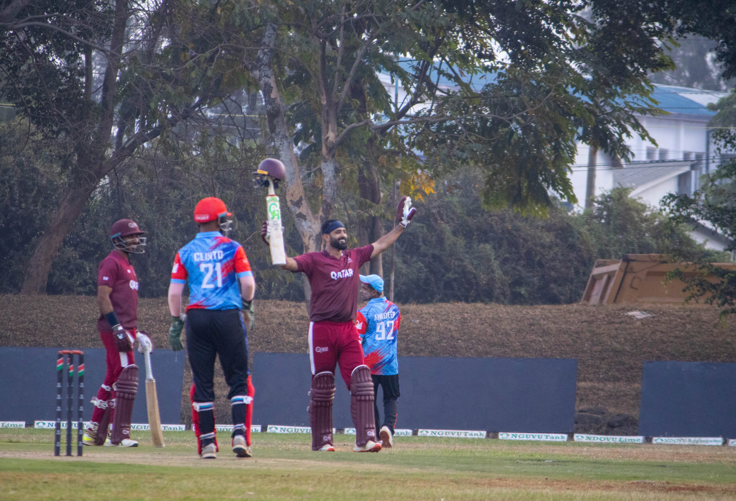 Shahzeeb Afridi celebrates a century against Kuwait in the ongoing ICC CWC Challenge League A in Nairobi